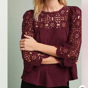 Anthropologie Maroon Lace Long Sleeve Top